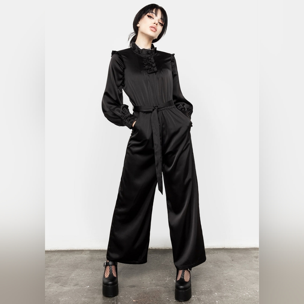 Disturbia Satin Obsession Pintuck Ruffle Jumpsuit with belt